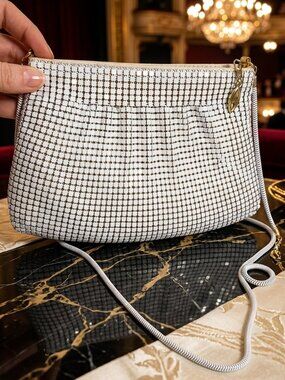 Vintage White Chainmail Evening Bag from Disco Era w chain strap RARE